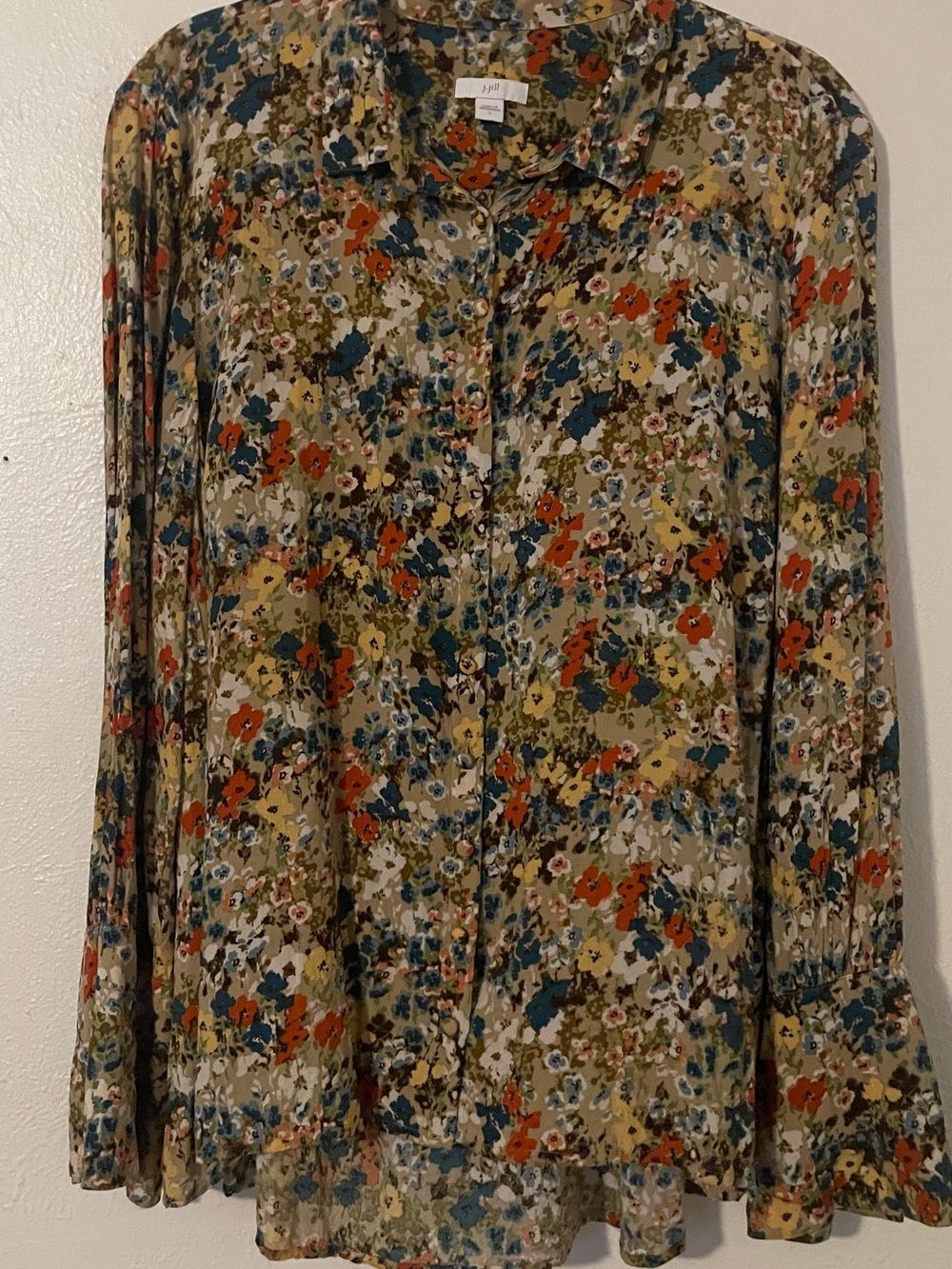 J. Jill Wheat Painterly Floral Blouse Bell Cuff High Low Rayon L